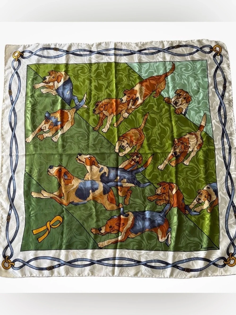 Rare Vintage Roberta di Camerino Silk Scarf Green Dog Print Signet